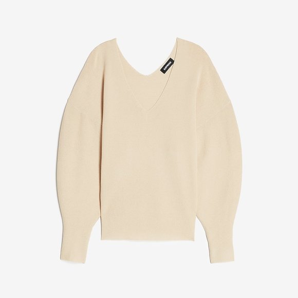 Express Soft Knit Balloon Sleeve V-Neck Beige Cream Top Sweater Small - Picture 3 of 10